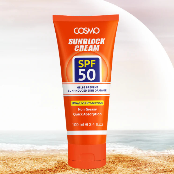 Cosmos sunblock and sunscreen — essential SPF 50+ skincare protection, prevents dark spots, fine lines, and sun-induced aging, leaving skin hydrated, smooth, and glowing every day