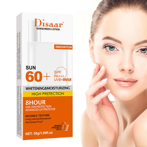 Disaar sunscreen and sunblock — SPF 60+ broad-spectrum protection, lightweight, non-greasy formula, shields skin from UVA/UVB rays, helps prevent sunburn, dark spots, and early aging