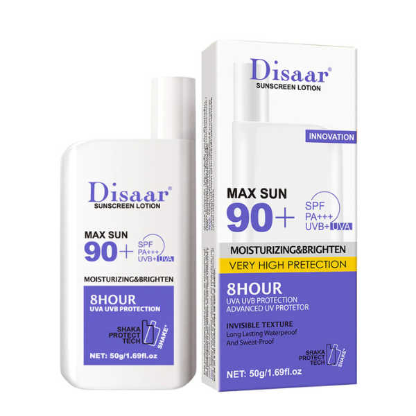 Disaar sunscreen and sunblock — SPF 90+ broad-spectrum UV protection, lightweight formula, hydrates and shields skin against sunburn, aging, and dark spots, perfect for daily sun care